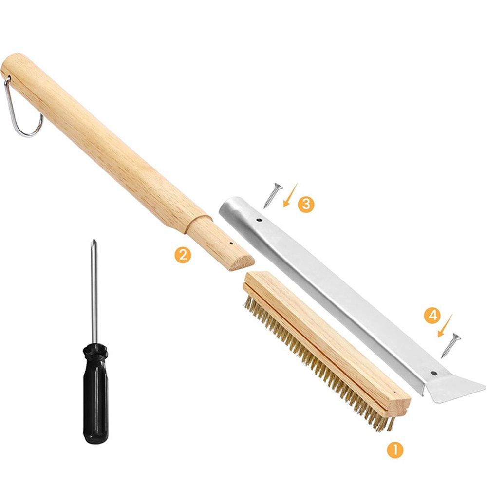 Pizza Oven Brush with Scraper Pizza Oven Brush with Scraper,Copper Wire Pizza Brush with Wood Handle, Portable Pizza Scraper, Outdoor Pizza Oven Accessories