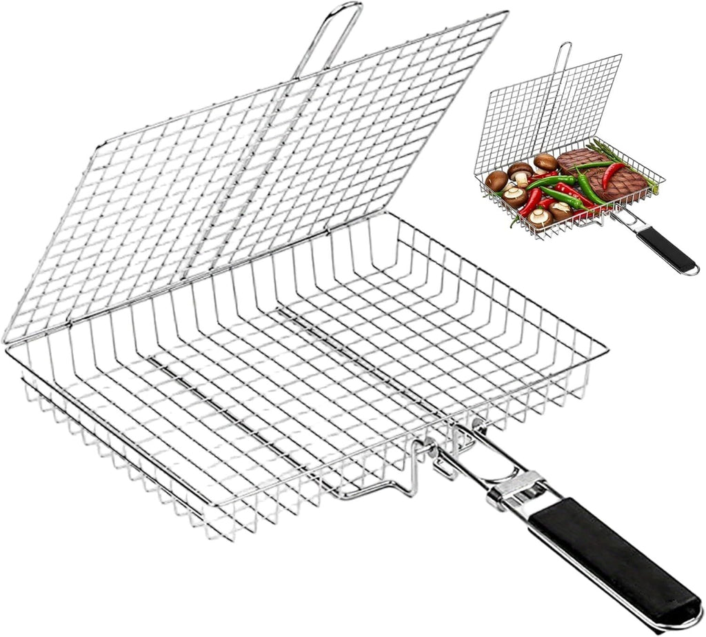 Grill Basket Large Portable Folding BBQ Camping Grilling Rack for Fish, Vegetables, Shrimp, Barbeque Griller Cooking Accessories, Grilling Gifts