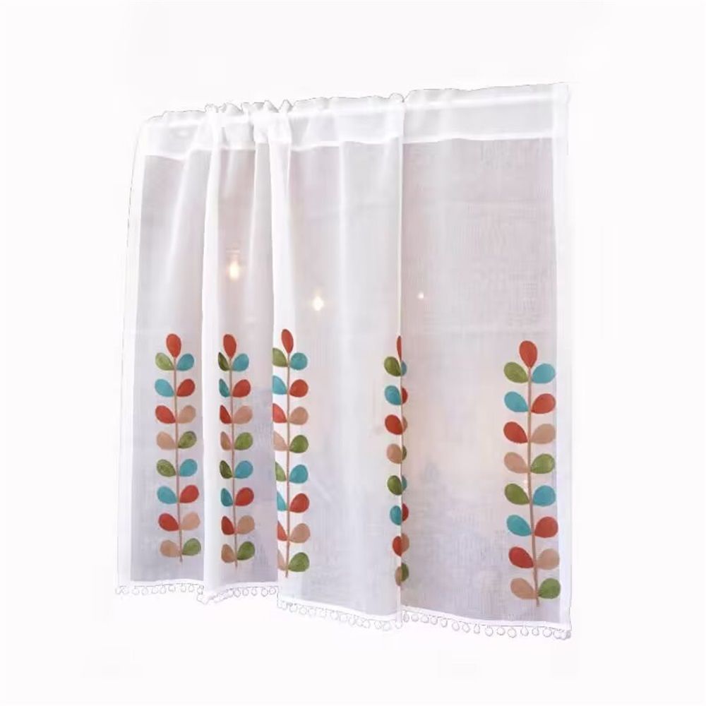 150*60cm Semi Sheer Curtain Valance for Windows Kitchen Cafe, Colorful Leaves Embroidery Curtain Window Treatment Festival Home Decoration
