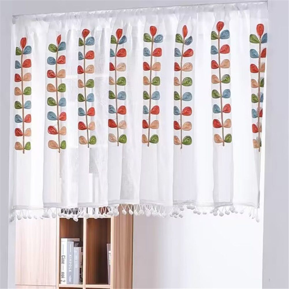 150*60cm Semi Sheer Curtain Valance for Windows Kitchen Cafe, Colorful Leaves Embroidery Curtain Window Treatment Festival Home Decoration