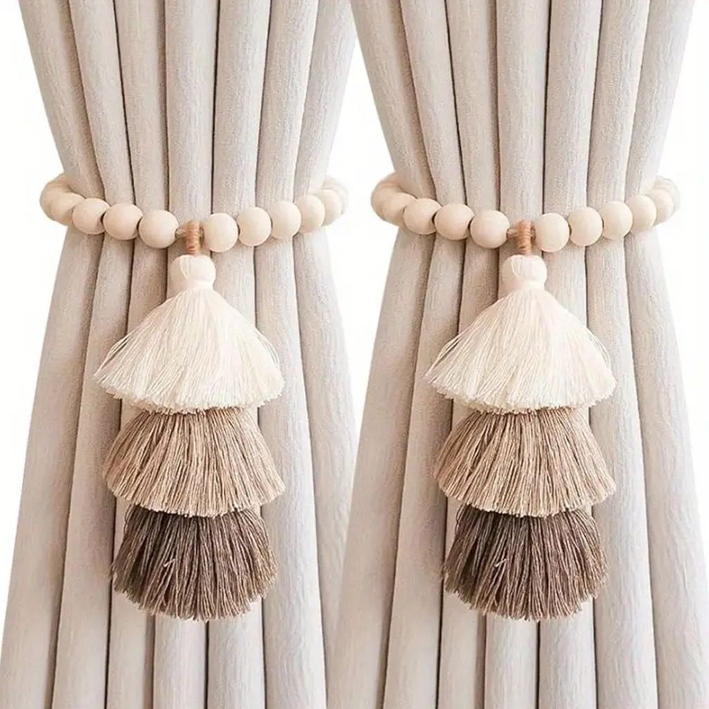 Magnetic Wooden Bead Curtain Tiebacks 2 PCS | Simple Elegant Magnetic Tassel Curtain Tie Backs | Accessories Wall Decoration | Drapery Tiebacks for Bedroom Window Treatment Camel color (tassel)