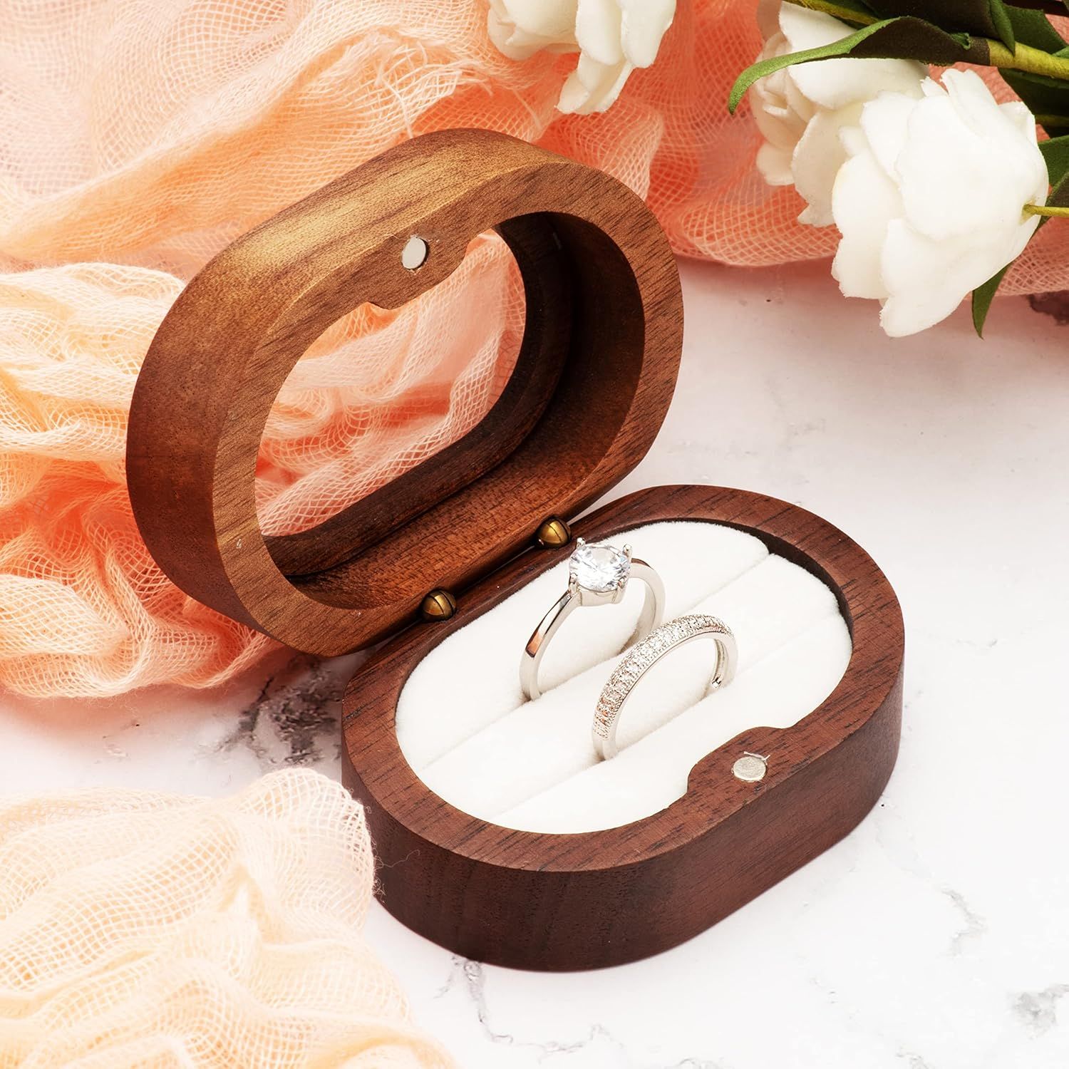 2pcs Oval Small Walnut Wooden Ring Box for 2 Rings, Ring Holder for Engagement Wedding Ceremony Marriage Birthday (white open window)