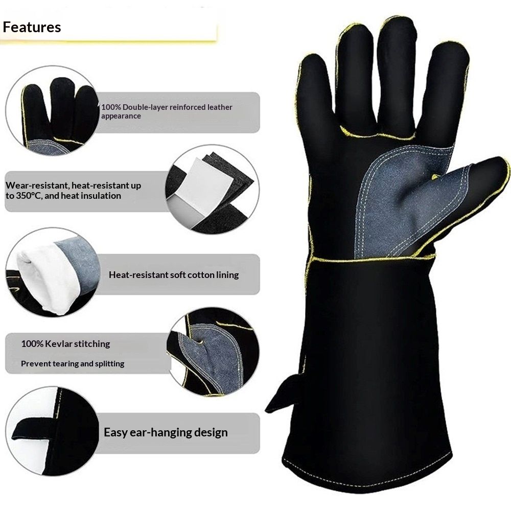 Fireproof Gloves Heat & Fire Resistant Leather Welding Gloves Non Slip Mitts for Fireplace, Stove, Oven, Grill, Welding, BBQ, Pot Holder, Animal Handling（14in）