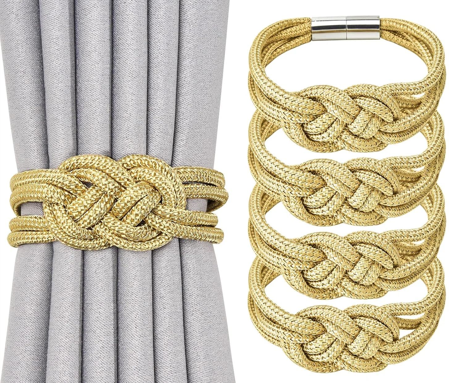 4-piece set of powerful magnetic curtain straps upgraded The curtain straps are woven with knots to decorate the curtain buckle, suitable for home and office curtains (gold)