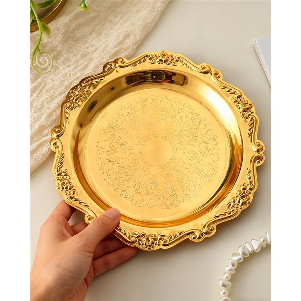 2PCS Coffee Table Tray 10cm Round Decorative Tray Vintage Metal Dessert Plates for Snacks Fruit  (Golden)