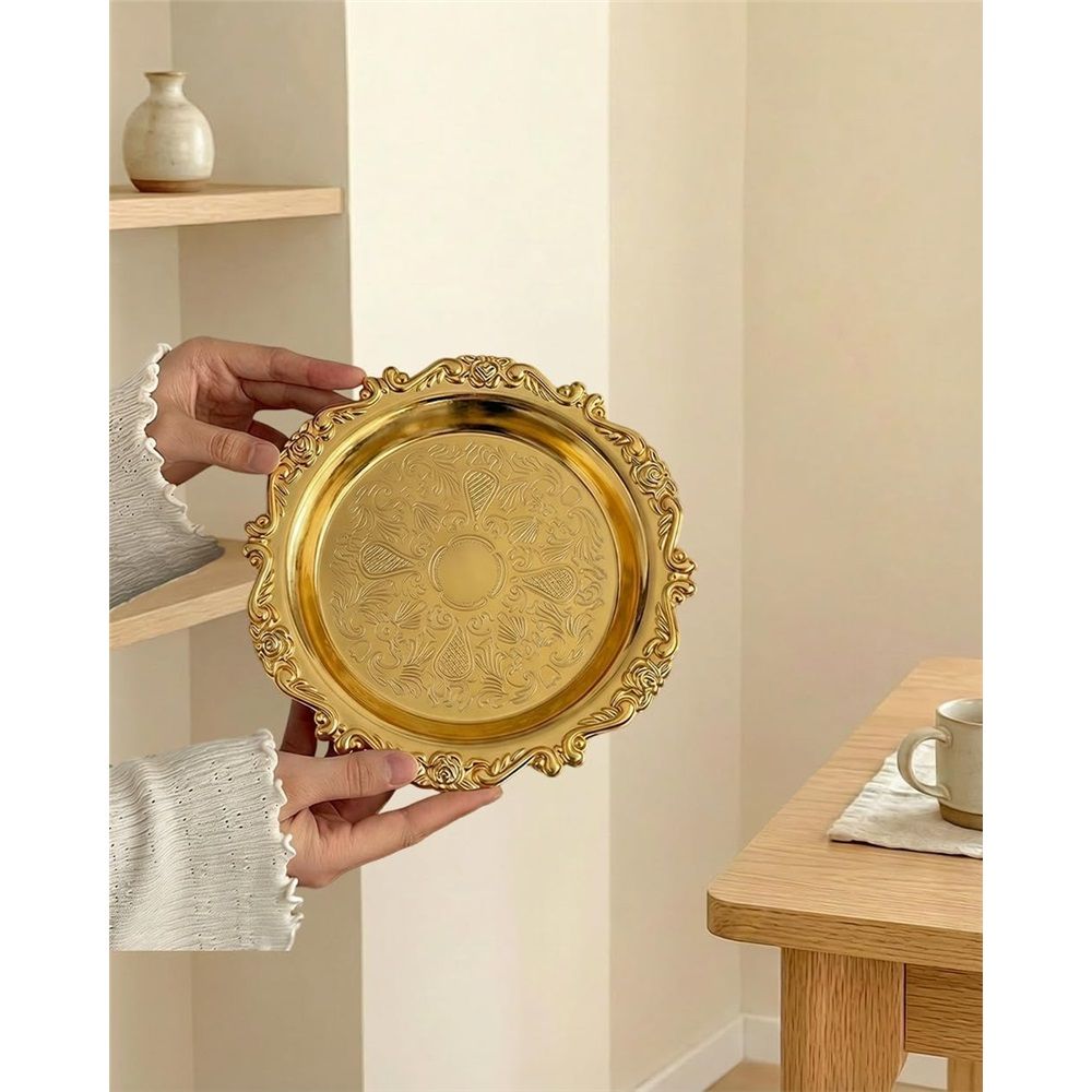 2PCS Coffee Table Tray 10cm Round Decorative Tray Vintage Metal Dessert Plates for Snacks Fruit  (Golden)