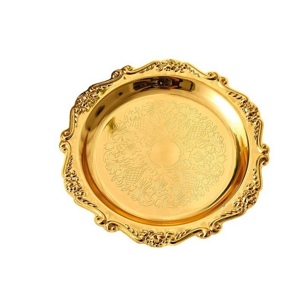 2PCS Coffee Table Tray 10cm Round Decorative Tray Vintage Metal Dessert Plates for Snacks Fruit  (Golden)