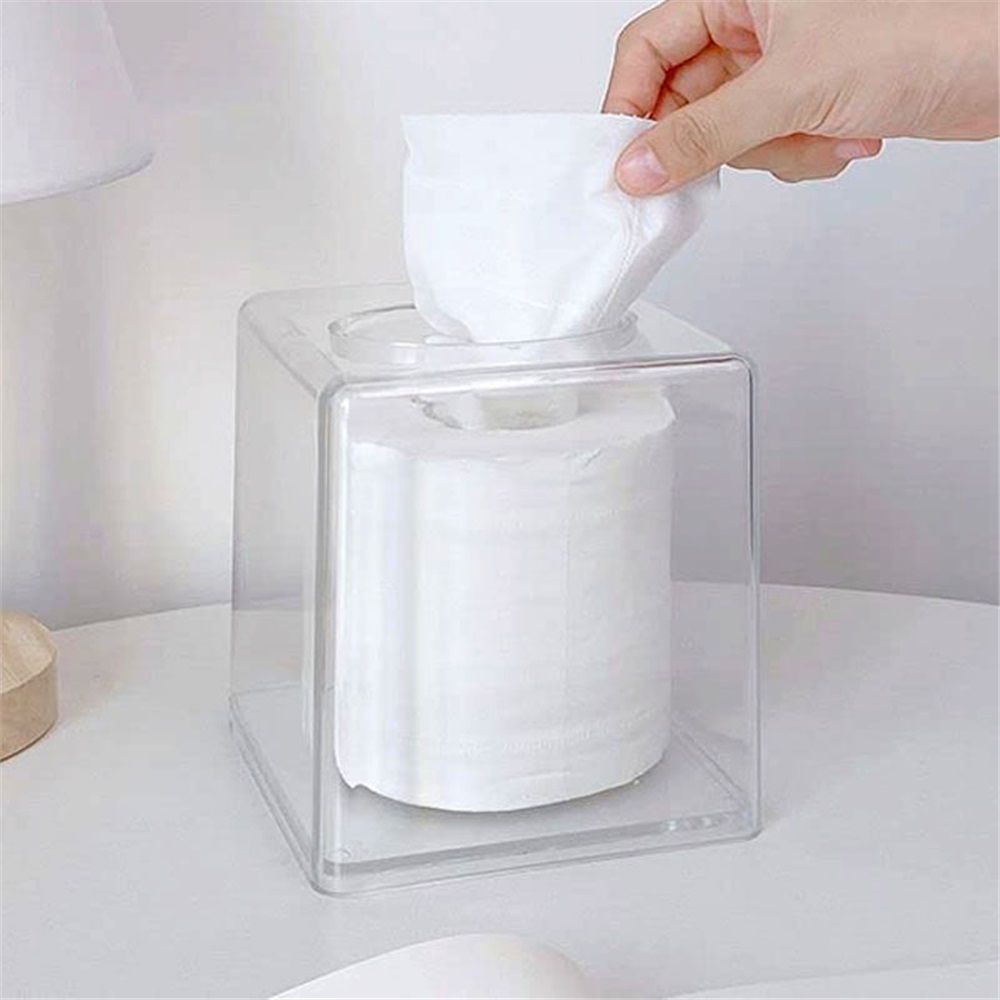 Tissue Box Holder & Cover Multi-Use Dryer Sheet & Mask Case Organizer for Bathroom, Car, Office, Table - Clear Square（14X14X14cm）