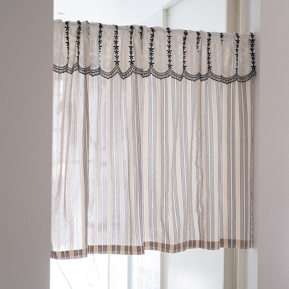 Black and white striped lace curtain head door curtain, kitchen small curtain, translucent blocking curtain Width 135 * Height 60cm [excluding pole]