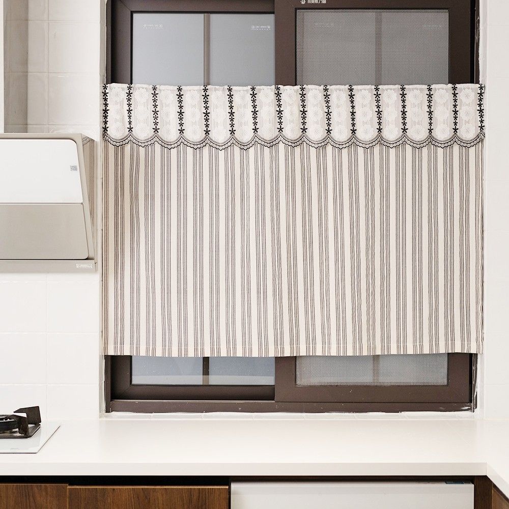 Black and white striped lace curtain head door curtain, kitchen small curtain, translucent blocking curtain Width 135 * Height 60cm [excluding pole]