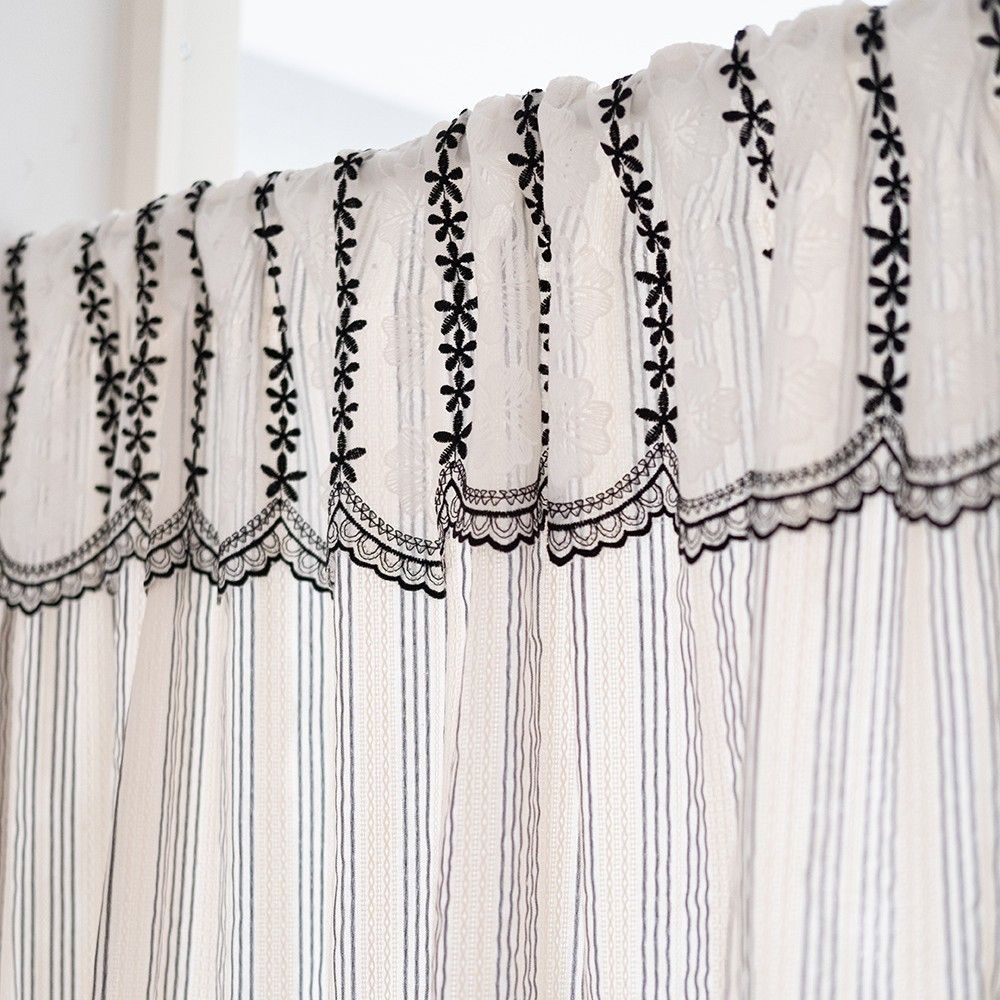 Black and white striped lace curtain head door curtain, kitchen small curtain, translucent blocking curtain Width 135 * Height 60cm [excluding pole]
