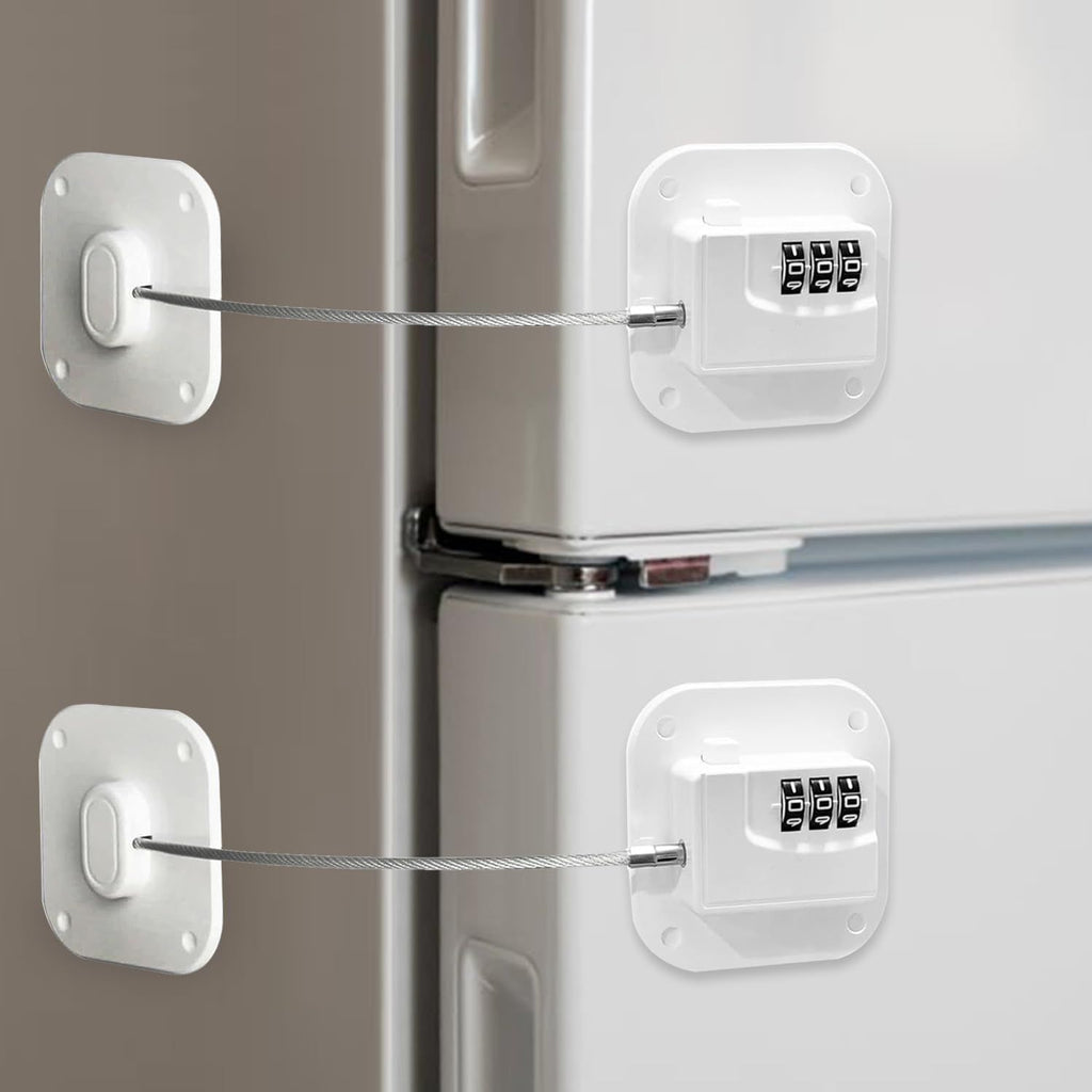 Refrigerator Lock (2 Pack), Heavy Duty Combination Fridge Lock, for Fridge, Cabinets, Window, Drawers and Child Safety Cabinet Lock,  No Drilling (White)