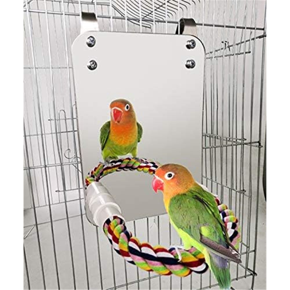 Bird Mirror for Cage, Bird Parrot Mirror with Rope for Cockatiel Conures, Lovebirds, Parrot, Canaries, and Budgies（Mirror+6 Bell String）