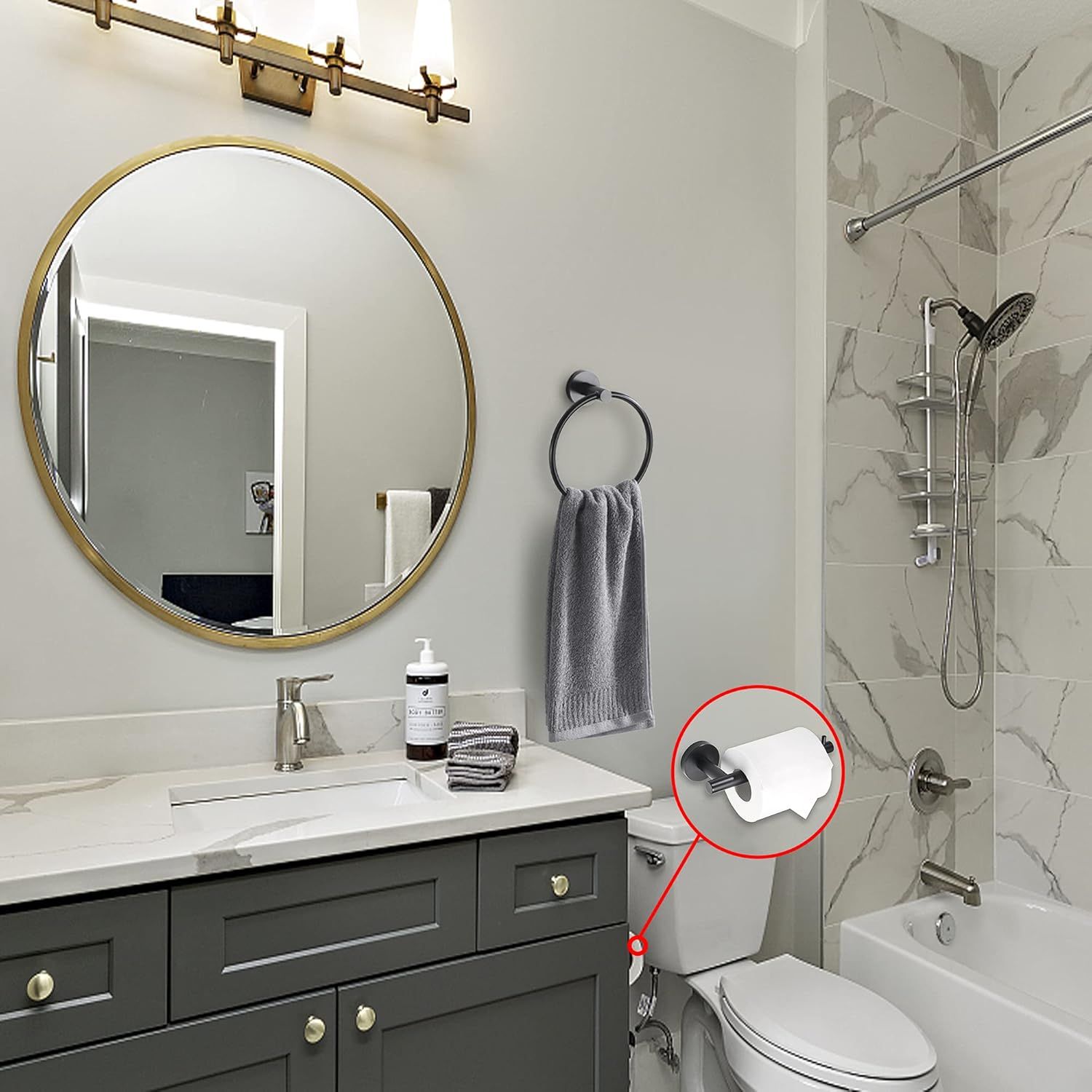 Matte Black Toilet Paper Holder and Hand Towel Holder, 2 Pieces Bathroom Hardware Accessories Set, Stainless Steel Sturdy Wall Mount Toilet Paper Roll Holder and Towel Rack, Black