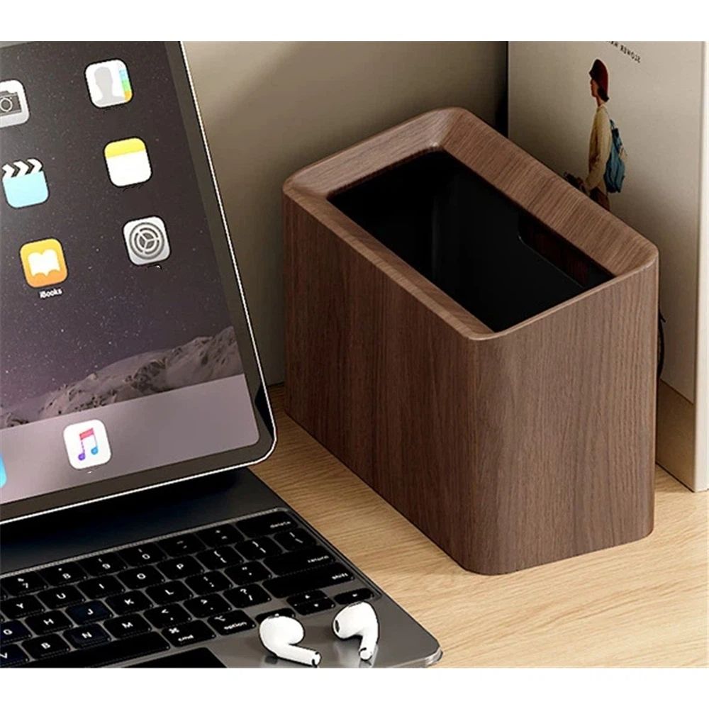 Mini Desk Trash Can, Desktop Trash Can Wood Grain, Uncovered Retro Wastebasket for Kitchens, Offices, Living Room, Makeup Table (Walnut color )