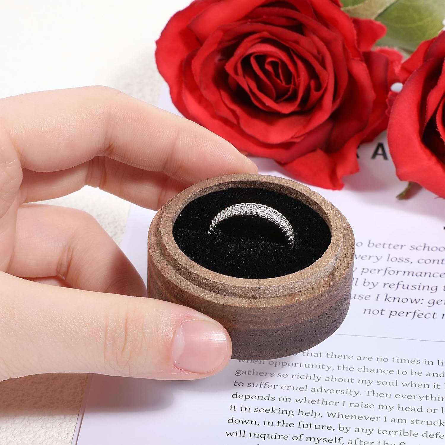 2pcs Wooden Ring Box,   Men Women Mini Unique Rings Jewelry Storage Case for Proposal Wedding Engagement Ceremony Anniversary（Single slot solid wood cover）