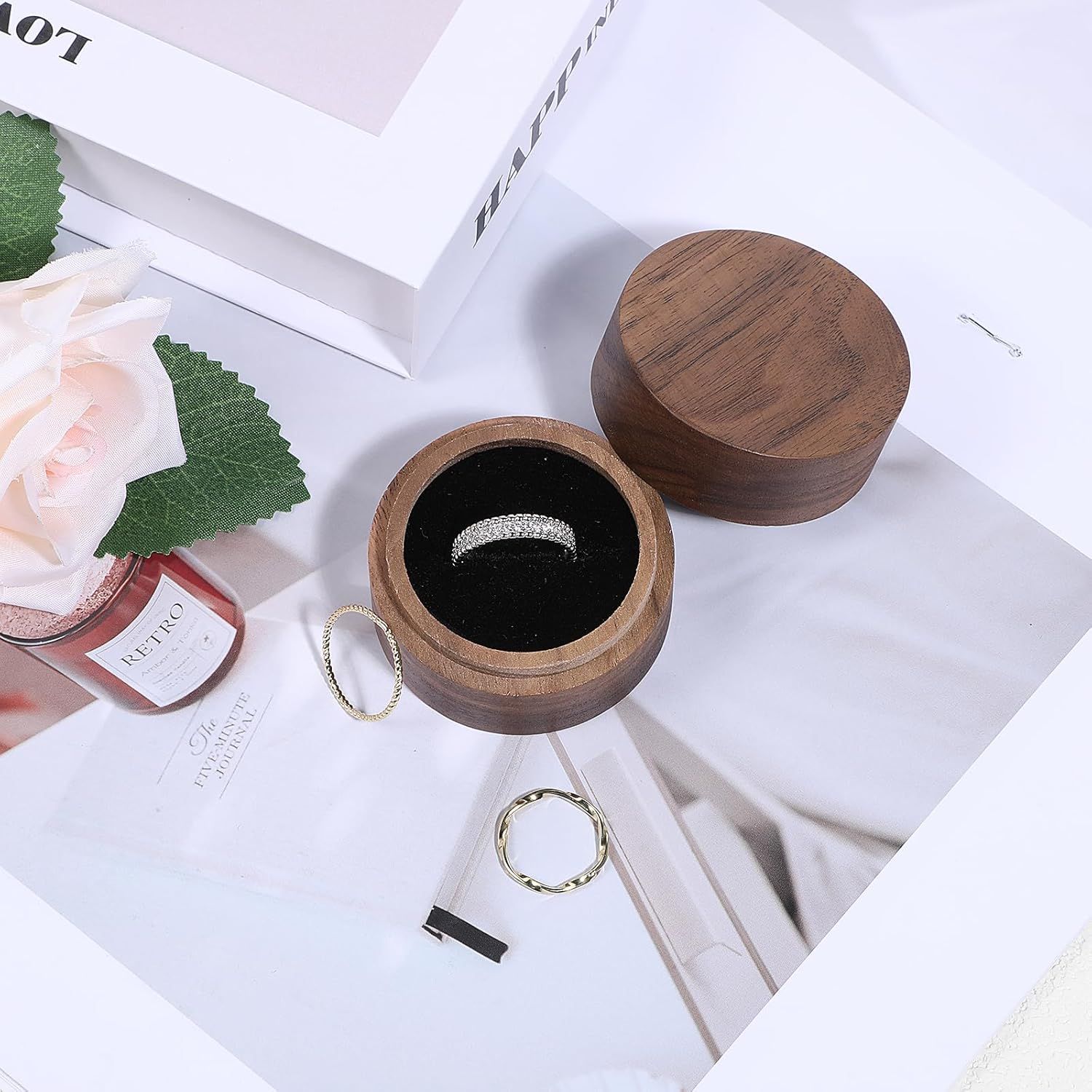 2pcs Wooden Ring Box,   Men Women Mini Unique Rings Jewelry Storage Case for Proposal Wedding Engagement Ceremony Anniversary（Single slot solid wood cover）