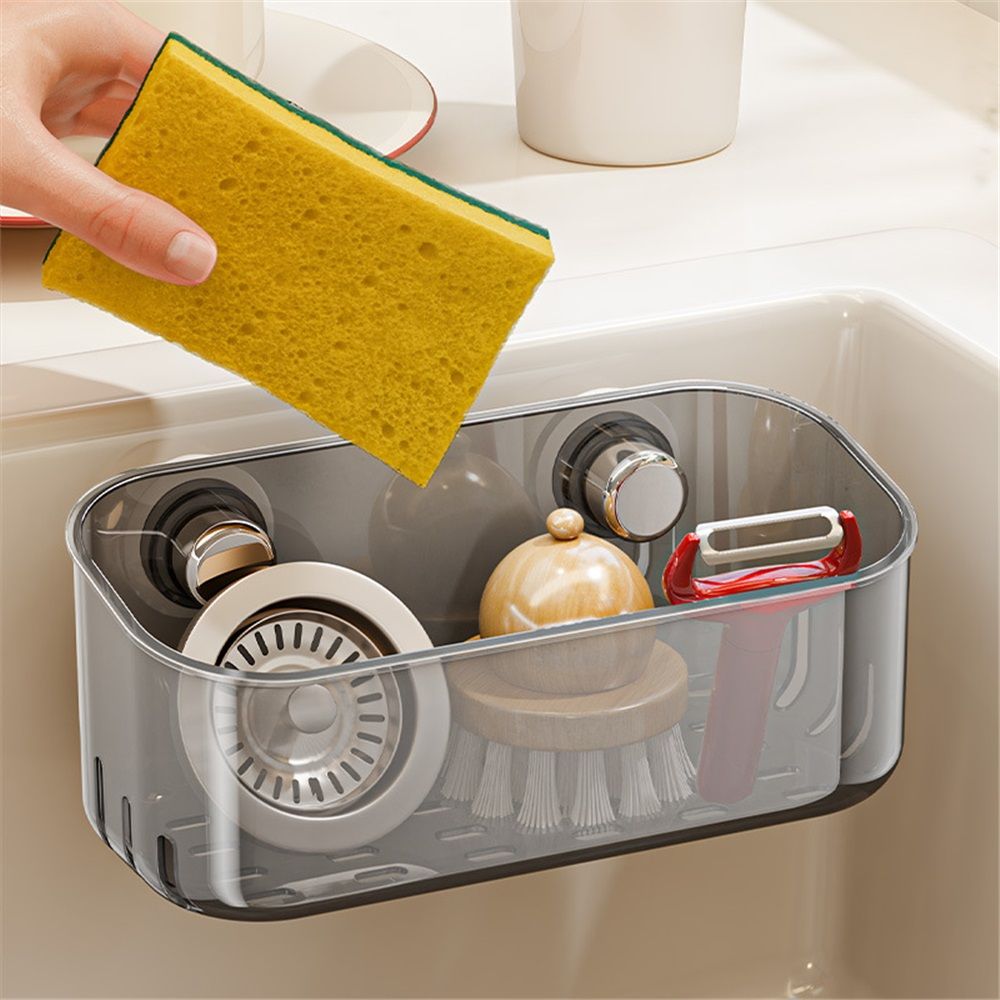 Plastic lock suction wall storage basket storage box for bathroom showers, bathtubs, and mirrors - transparent(grey)