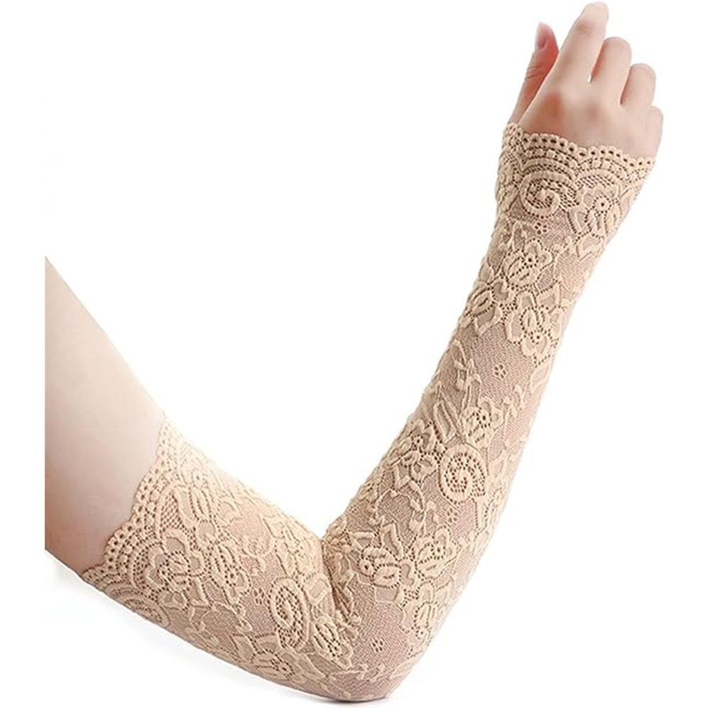 two pairs UV Protection Lace Arm Sleeves, Women's Floral Lace Sleeves Hollow Out Long Sunscreen Gloves Fingerless Driving Gloves（skin color）