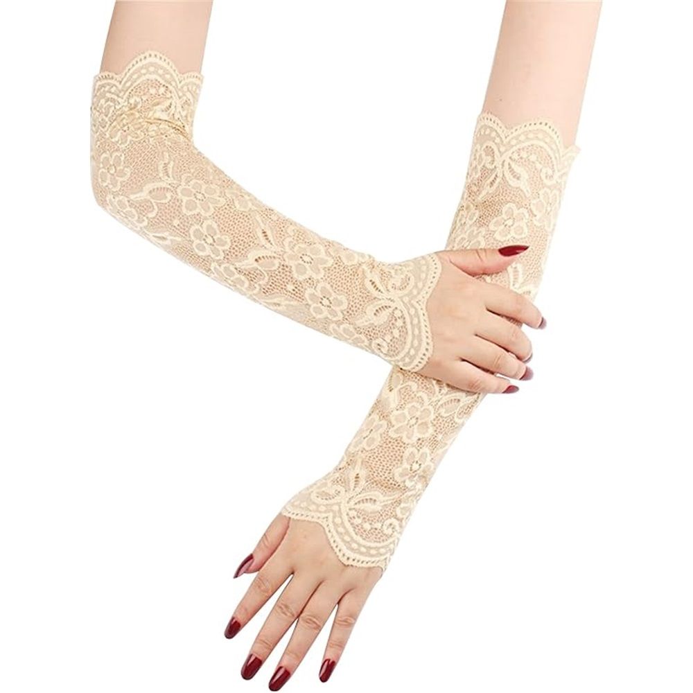 two pairs UV Protection Lace Arm Sleeves, Women's Floral Lace Sleeves Hollow Out Long Sunscreen Gloves Fingerless Driving Gloves（skin color）