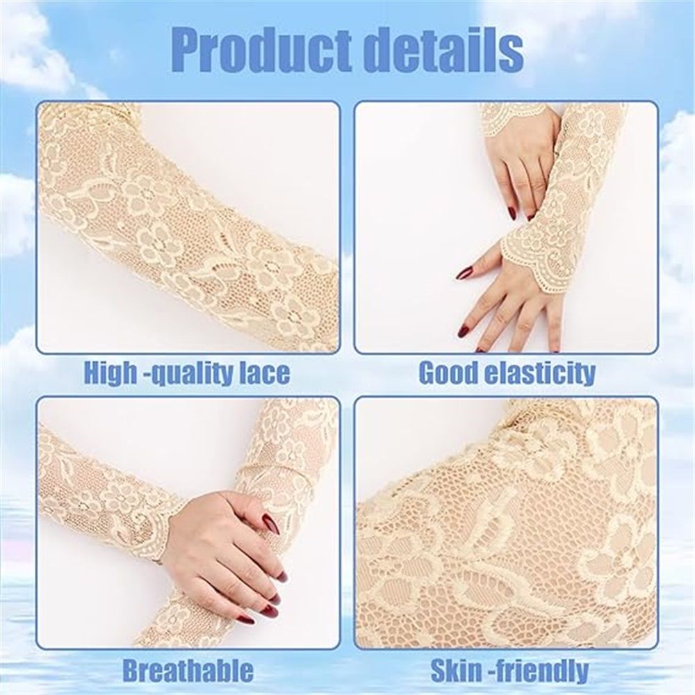 two pairs UV Protection Lace Arm Sleeves, Women's Floral Lace Sleeves Hollow Out Long Sunscreen Gloves Fingerless Driving Gloves（skin color）