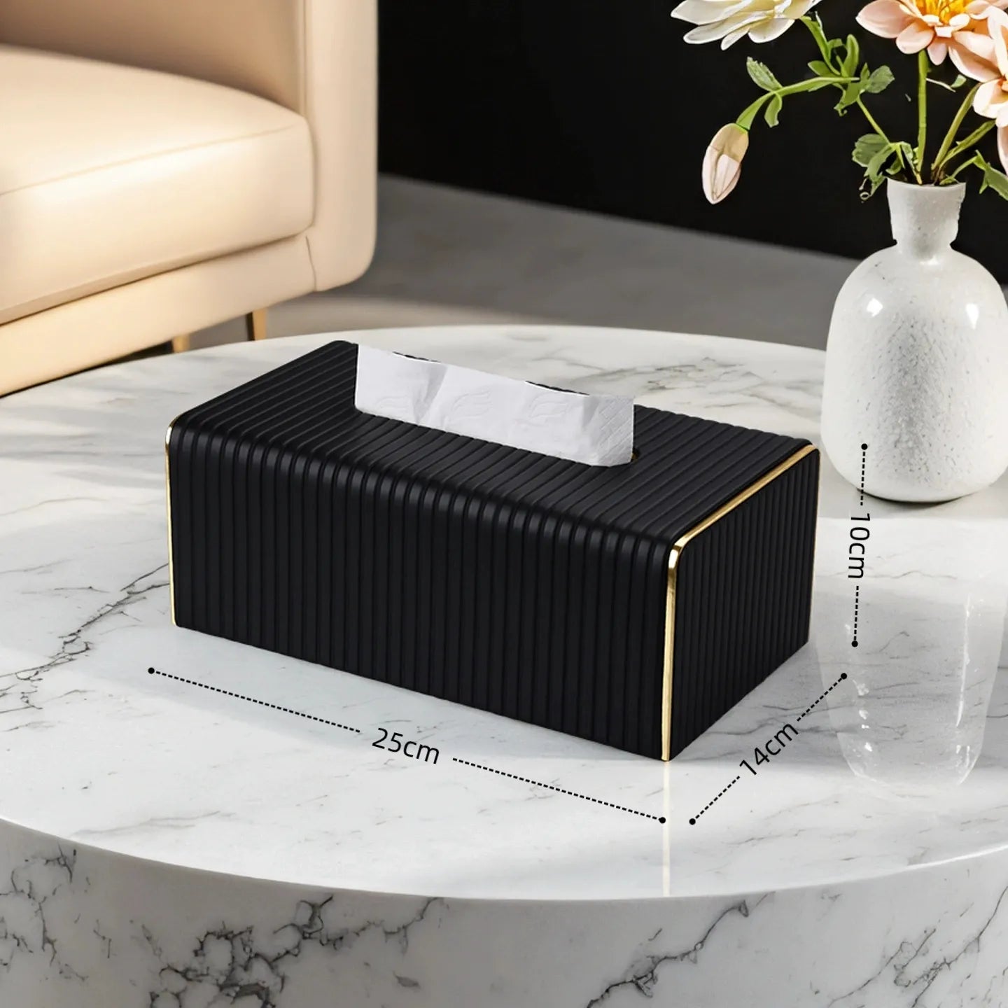 Tissue Box Cover,Black Rectangle PU Leather Tissue Holder with Gold-Tone Edging Accents,Tissue Box Cover for Bathroom Toilet Bedroom Living Room Office,Countertop