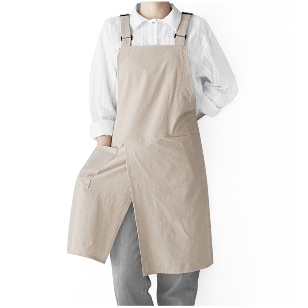 Cotton and linen double shoulder apron, suitable for home kitchen, catering, baking, workwear, cover with pockets, suitable for both men and women (beige)