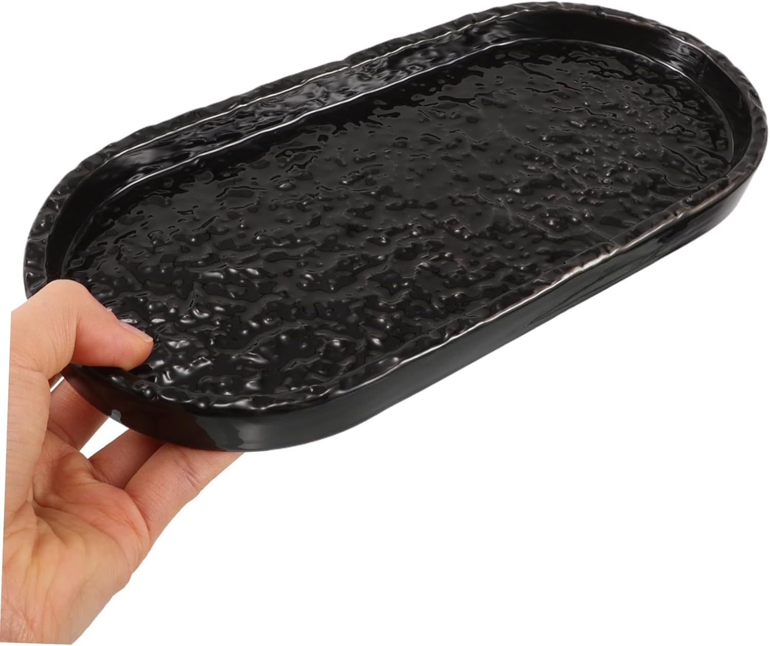 oval black ceramic tray for bathroom vanity, solid stone perfume dispenser and decorative kitchen countertop tray