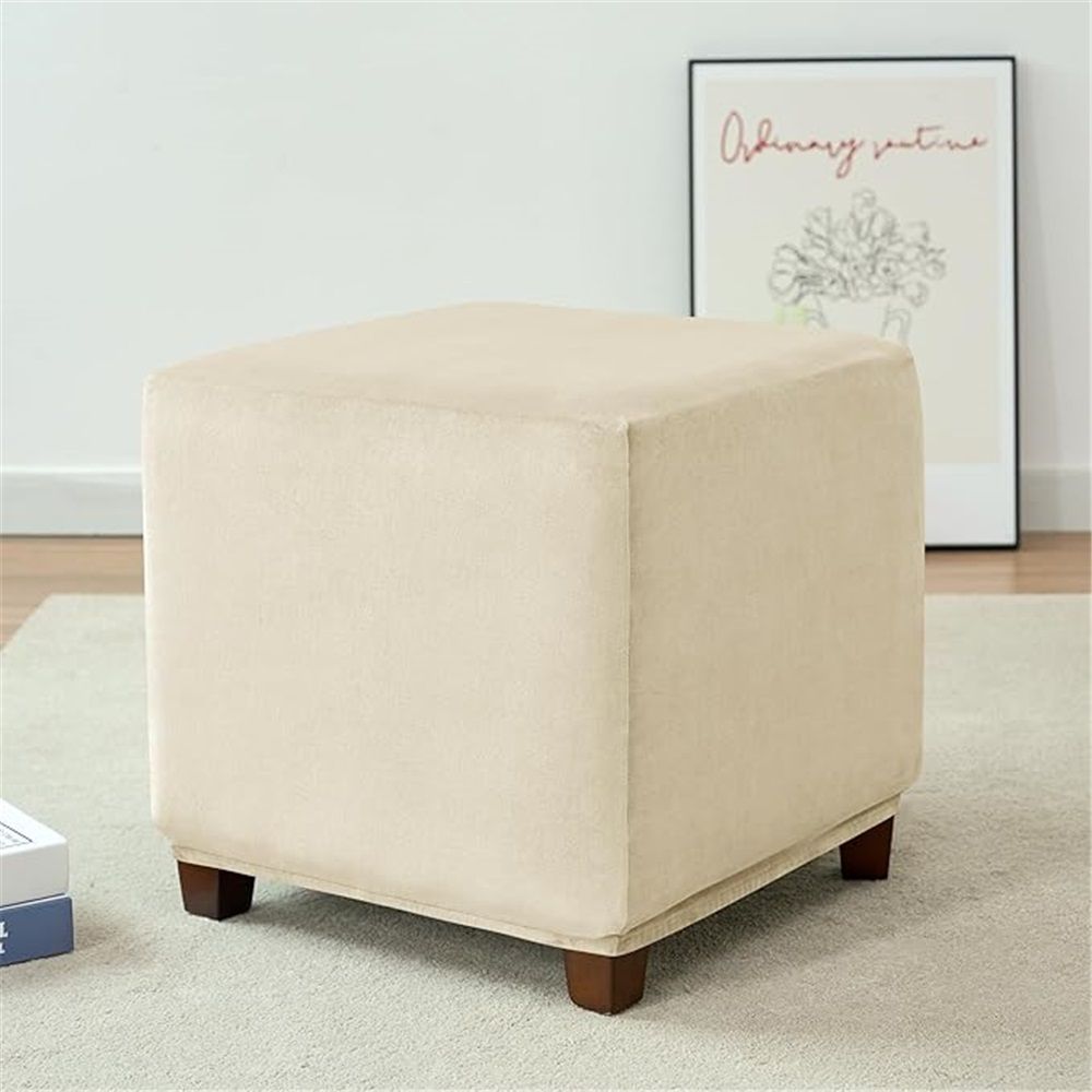 Super soft elastic fabric square cover footstool furniture protective cover elastic bottom comfortable silver fox fur (beige S)