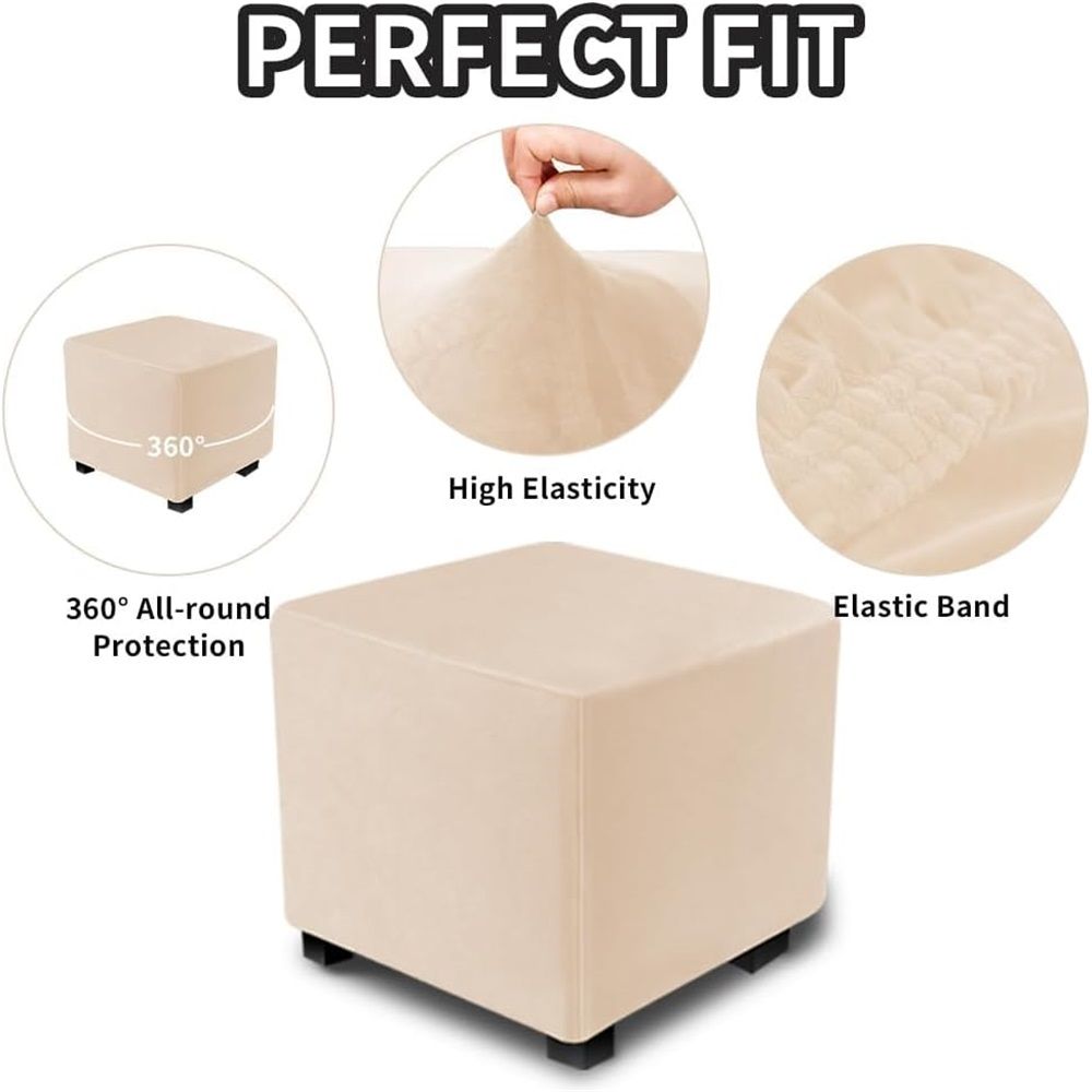 Super soft elastic fabric square cover footstool furniture protective cover elastic bottom comfortable silver fox fur (beige S)