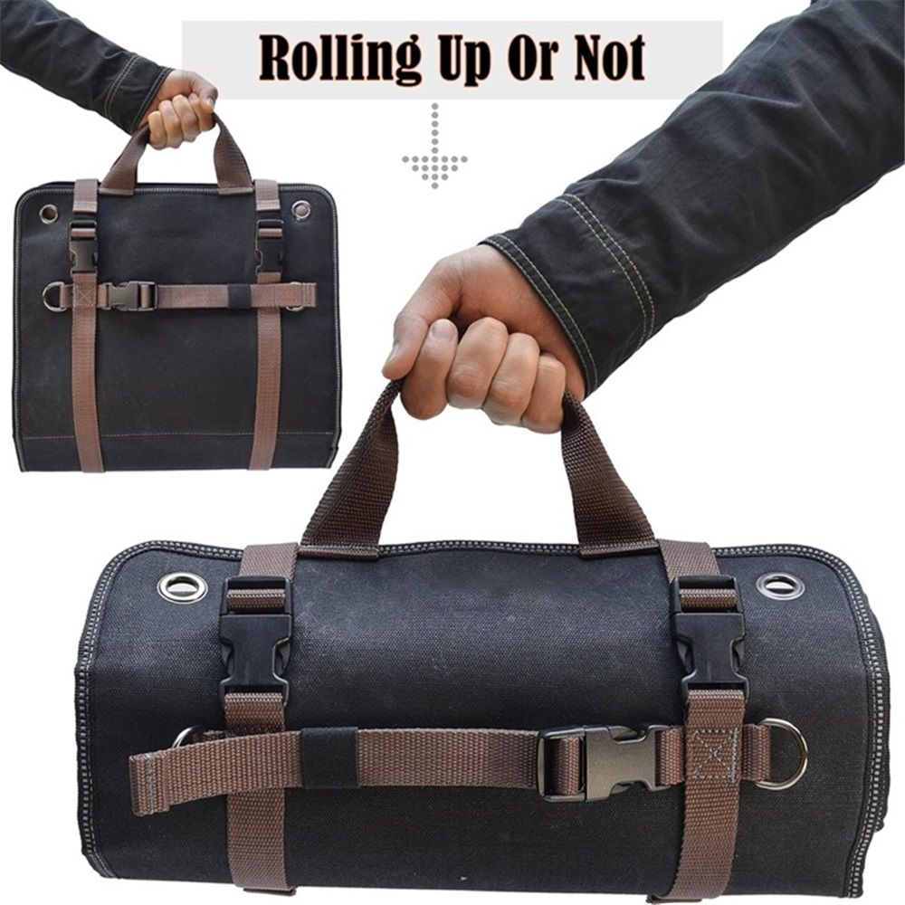Heavy-Duty Waxed Canvas Tool Roll, 7-Pockets Tool Wrap Roll, 15L Tool Roll Bag, Large Roll Up Tool Bag For Mechanics.（black）