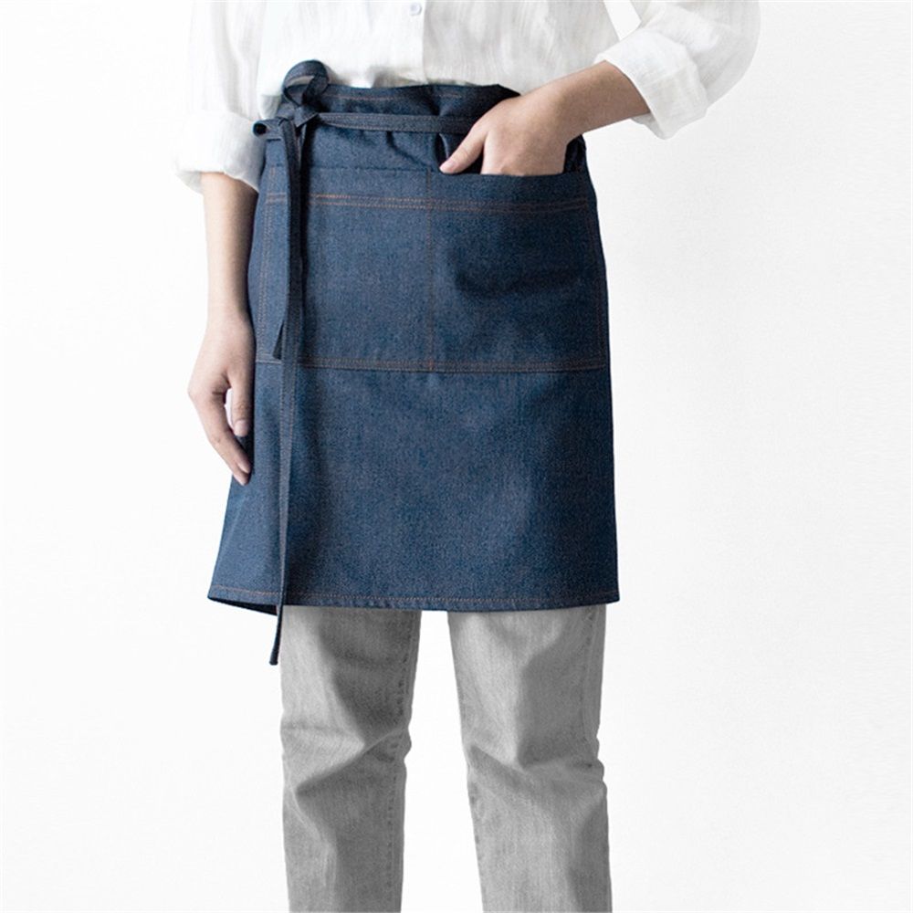 Unisex Cotton denim Waist Apron with Pocket Waitress Apron Half Apron Server Aprons Cooking Bib（dark blue）