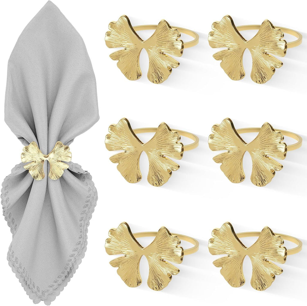 Fall Napkin Rings Set of 6, Ginkgo Leaf Bow Napkins Holders Rings for Holiday Party Dinner Wedding Banquet Dinning Table Settings - Gold