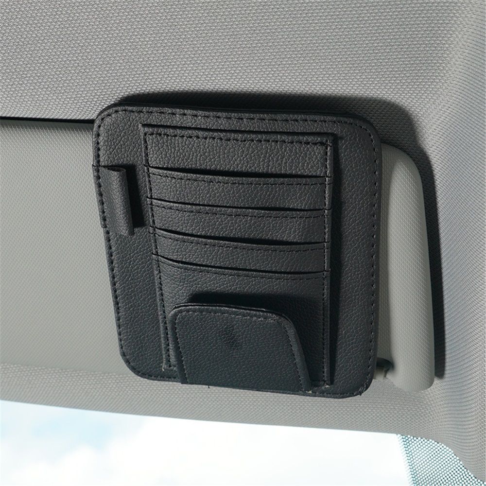 Black Small Car Sun Visor Organizer with Clip, Sunglasses Holders for Car Sun Visor PU Auto Interior Accessories Storage Travel Document Holder with Multi Pocket（black）