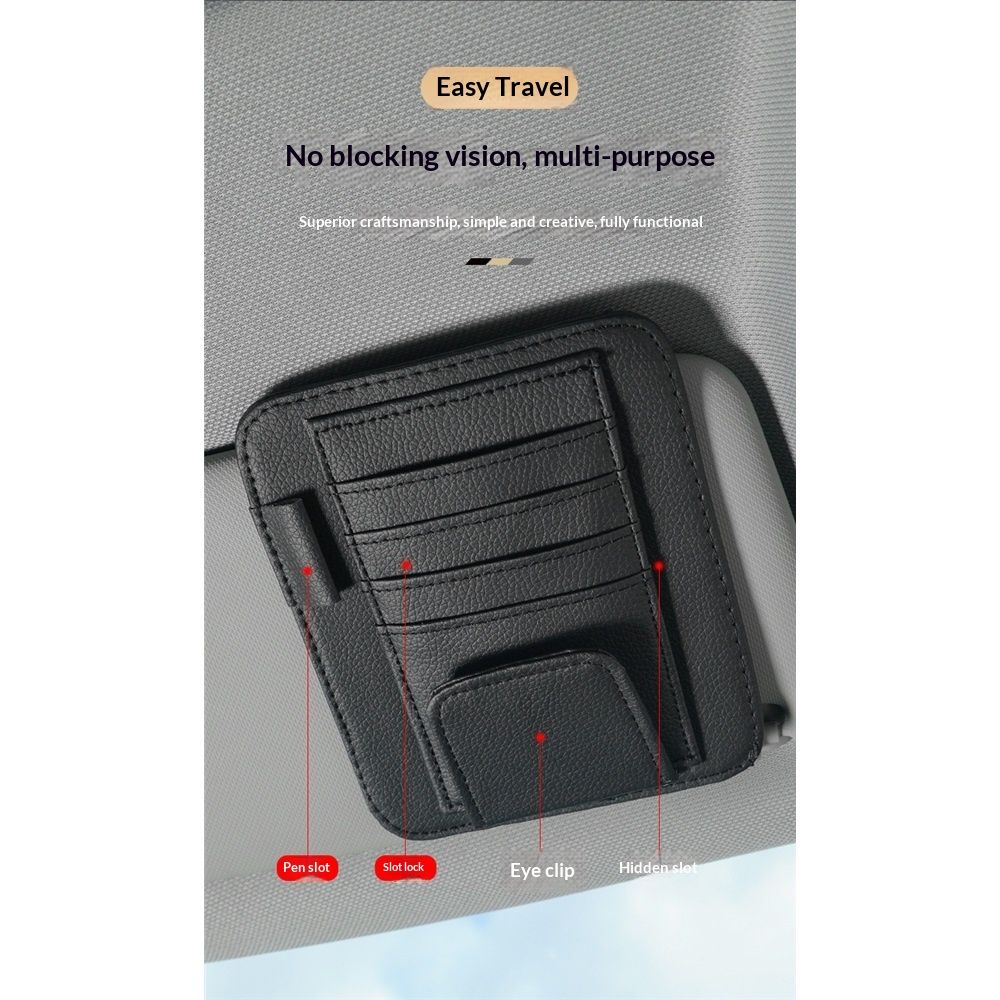 Black Small Car Sun Visor Organizer with Clip, Sunglasses Holders for Car Sun Visor PU Auto Interior Accessories Storage Travel Document Holder with Multi Pocket（black）
