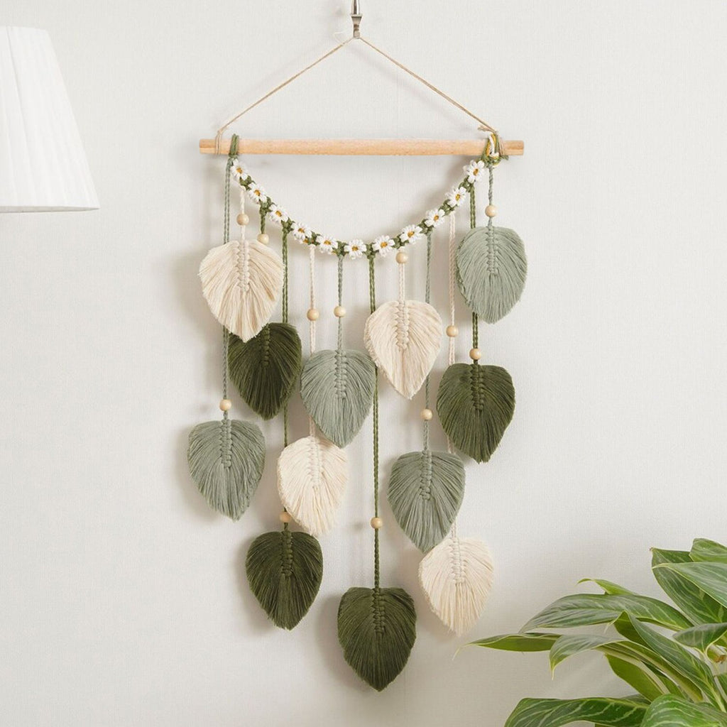 Wall Hanging - Hand Woven Boho Tapestry Sage Green Leaves Wall Decor, Rustic Tassels Yarn Hanging Ornament Decor for Bedroom Living Room Dorm（Green）