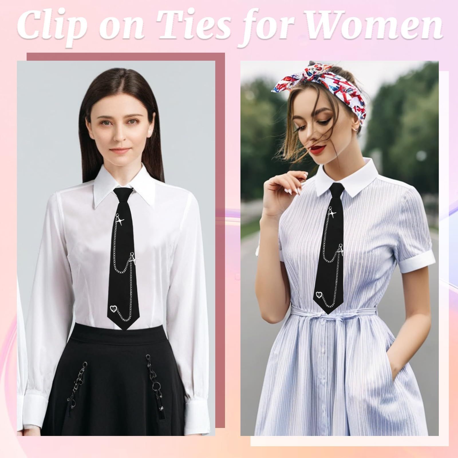 Black Tie for Women Girls Pre-Tied Womens Tie with Metal Chain Accessories Adjustable Necktie for School Shirt