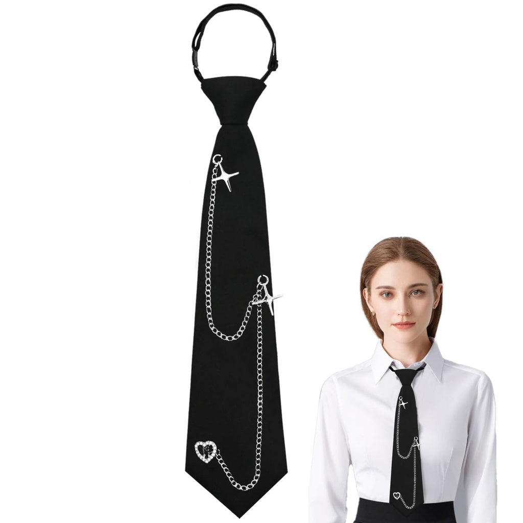 Black Tie for Women Girls Pre-Tied Womens Tie with Metal Chain Accessories Adjustable Necktie for School Shirt