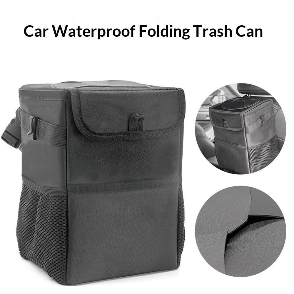 Car Garbage can with lid Leak Proof Vehicle Trash Can 3 Storage Pockets Hanging Waterproof car Trash Bag for SUV Black