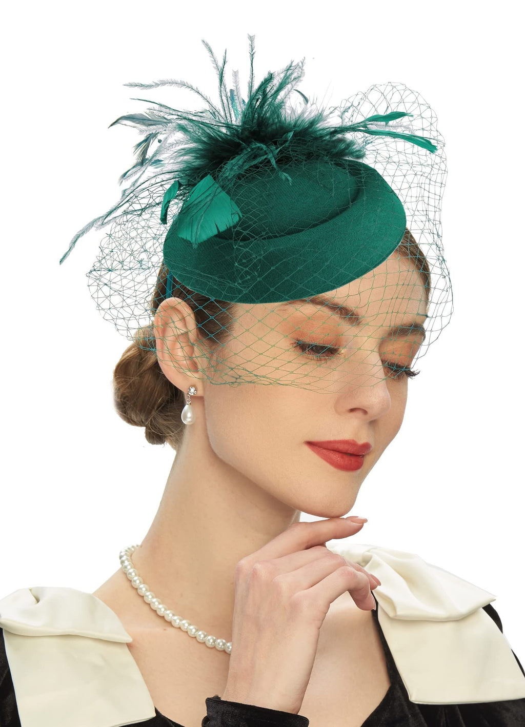 Womens Fascinators Hats Vintage  Hat  Hat Cocktail Tea Party Headwear with Veil for Girls and Women（Green）