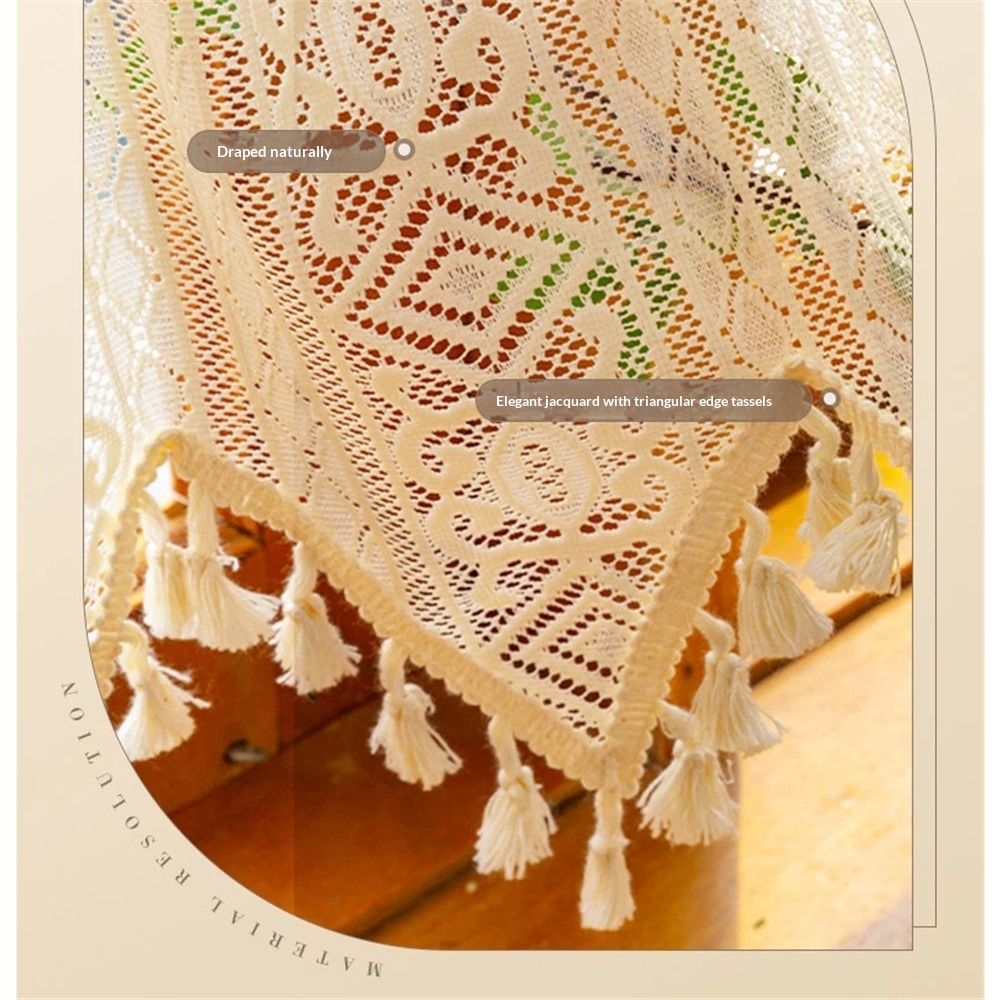 Bohemian crochet lace window decoration kitchen transparent strip tassel retro farmhouse beige country crochet coffee shop curtain 1 piece (beige, 132 * 45cm)