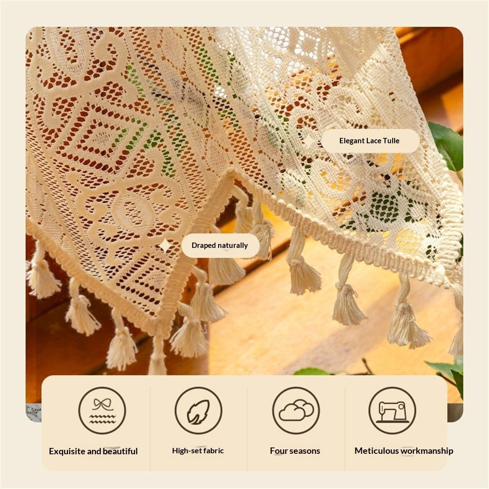 Bohemian crochet lace window decoration kitchen transparent strip tassel retro farmhouse beige country crochet coffee shop curtain 1 piece (beige, 132 * 45cm)
