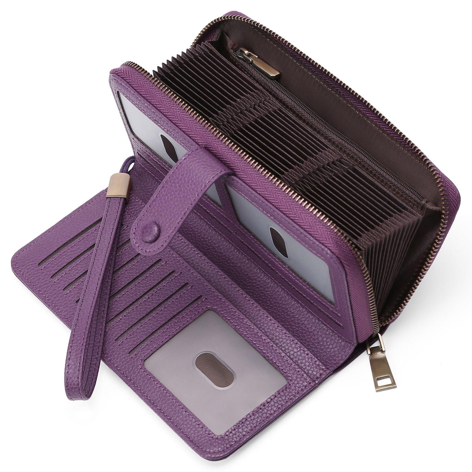 Leather Credit Card Holder Wallet for Women RFID Blocking Large Capacity Bifold Zipper Card Case Organizer with Wristlet 45 Slots（deep purple）