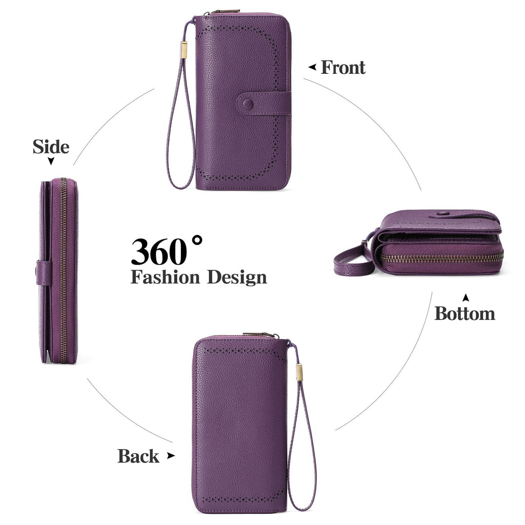 Leather Credit Card Holder Wallet for Women RFID Blocking Large Capacity Bifold Zipper Card Case Organizer with Wristlet 45 Slots（deep purple）
