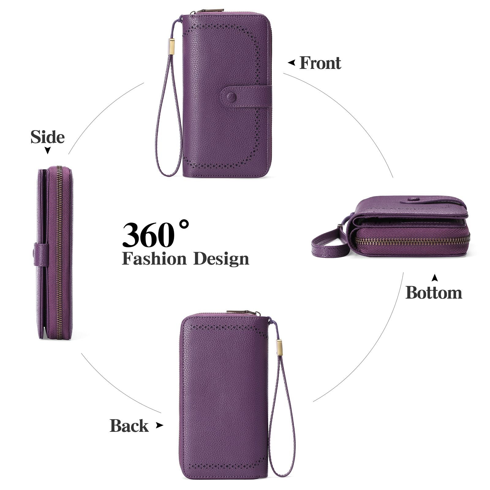 Leather Credit Card Holder Wallet for Women RFID Blocking Large Capacity Bifold Zipper Card Case Organizer with Wristlet 45 Slots（deep purple）