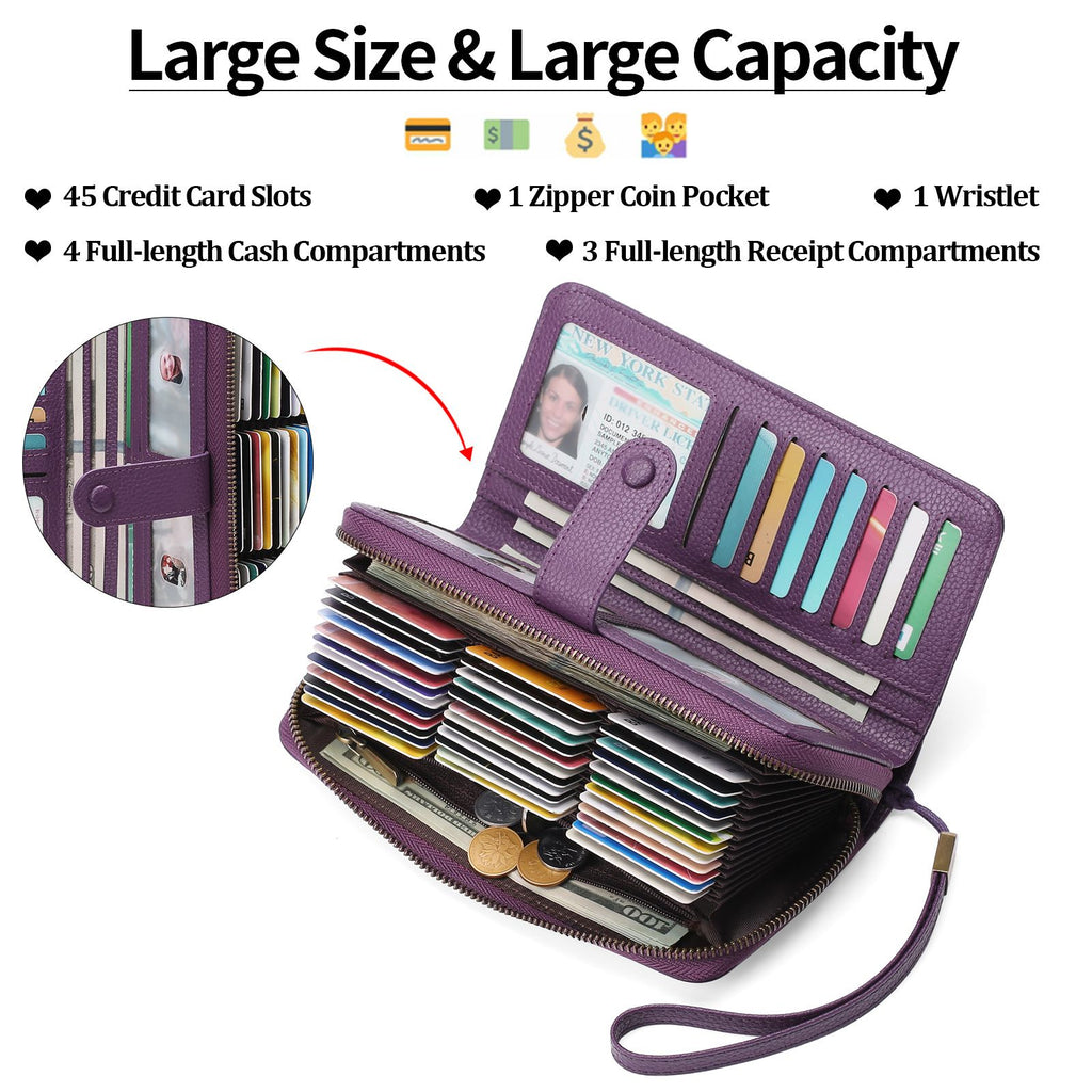 Leather Credit Card Holder Wallet for Women RFID Blocking Large Capacity Bifold Zipper Card Case Organizer with Wristlet 45 Slots（deep purple）