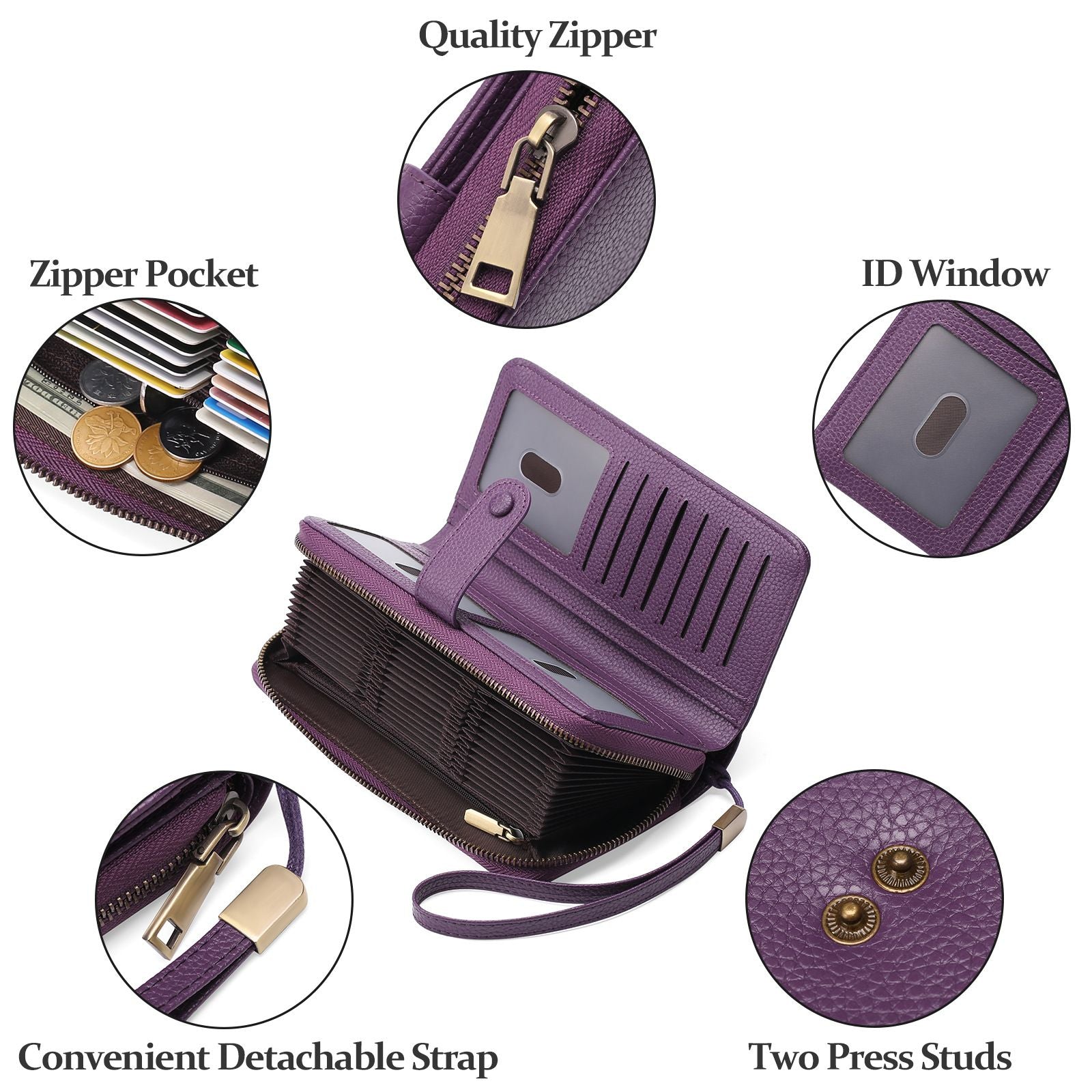 Leather Credit Card Holder Wallet for Women RFID Blocking Large Capacity Bifold Zipper Card Case Organizer with Wristlet 45 Slots（deep purple）