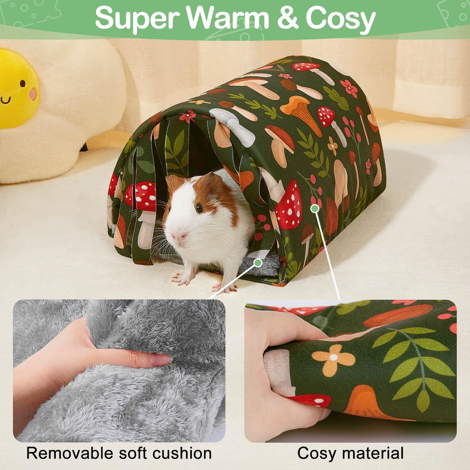 2 pack Guinea Pig Hideout with Curtain and Tunnel - Soft Bed with Cushion - Suitable for Guinea Pig, Hamster, Chinchilla, Bunny - Mushroom