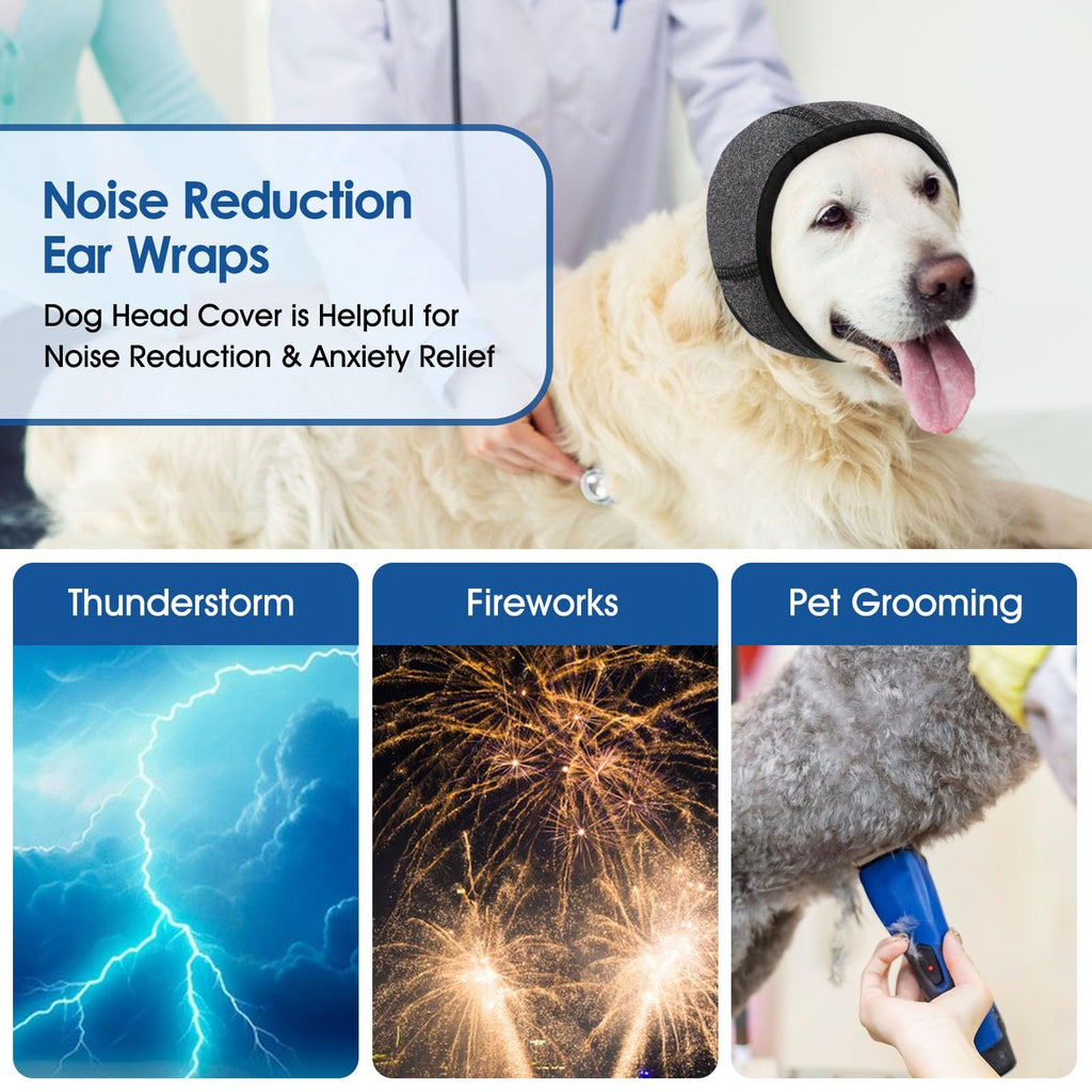 Dog Calming Hoodie - No Shake Ear Wraps for Dogs, Anxiety Relief & Noise Protection, Water Resistant Pet Ear Cover Muffs for Firework, Grooming, Thunderstorms, Swimming, Bathing, Grey M