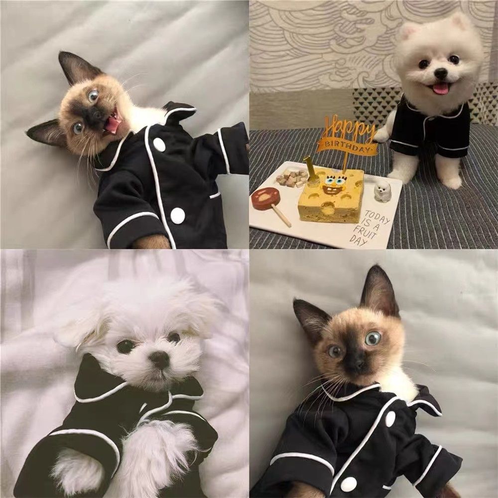 2 pack Soft Sleepwear for Small Dogs Cats Lapel Doggie Loungewear Lightweight Breathable Puppy Pajamas Two-Legged Pet Shirt Clothes Apparel Button Up,Black,L